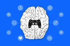 Human brain with video games icons on color background