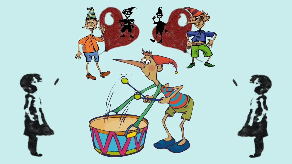 In the delightful cartoon scene, one character eagerly holds sticks, poised to beat the drum, while the others strike charming dance postures, creating a joyous and lively atmosphere.