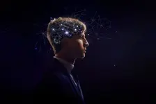 Picture of man with symbol neurons in brain. Thinking like stars, the cosmos inside human brain