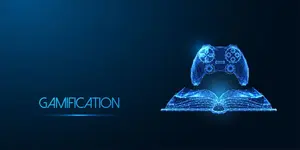 Gamification, immersive learning, futuristic concept with open book and game controller in glowing low polygonal style on blue background.
