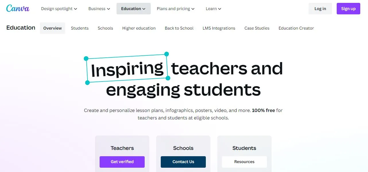 screenshot of canva for education webite