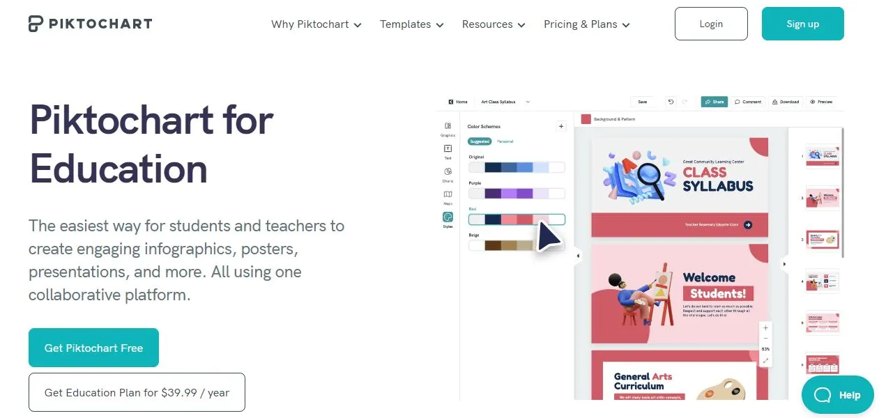 screenshot of piktochart-Education website