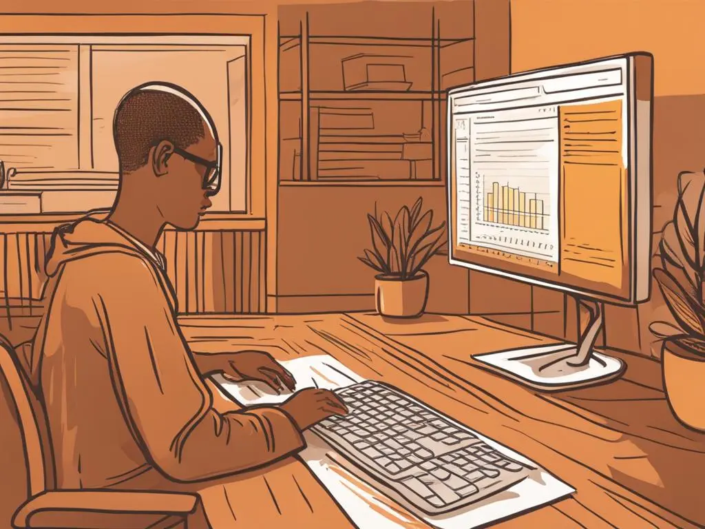 An illustration of a man working with a computer entering data into a spreadsheet.